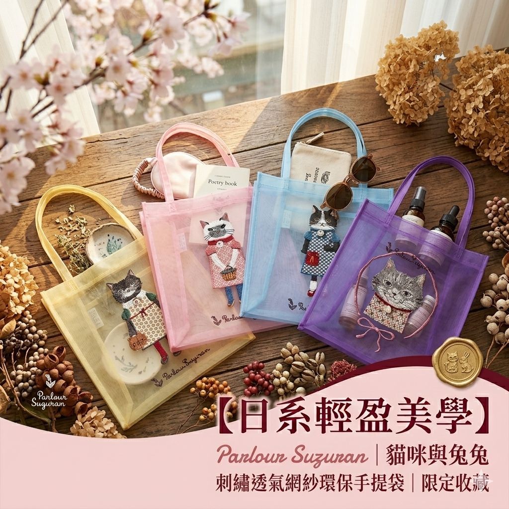 【預購】JM052810 Parlour Suzuran 貓咪網紗手提袋