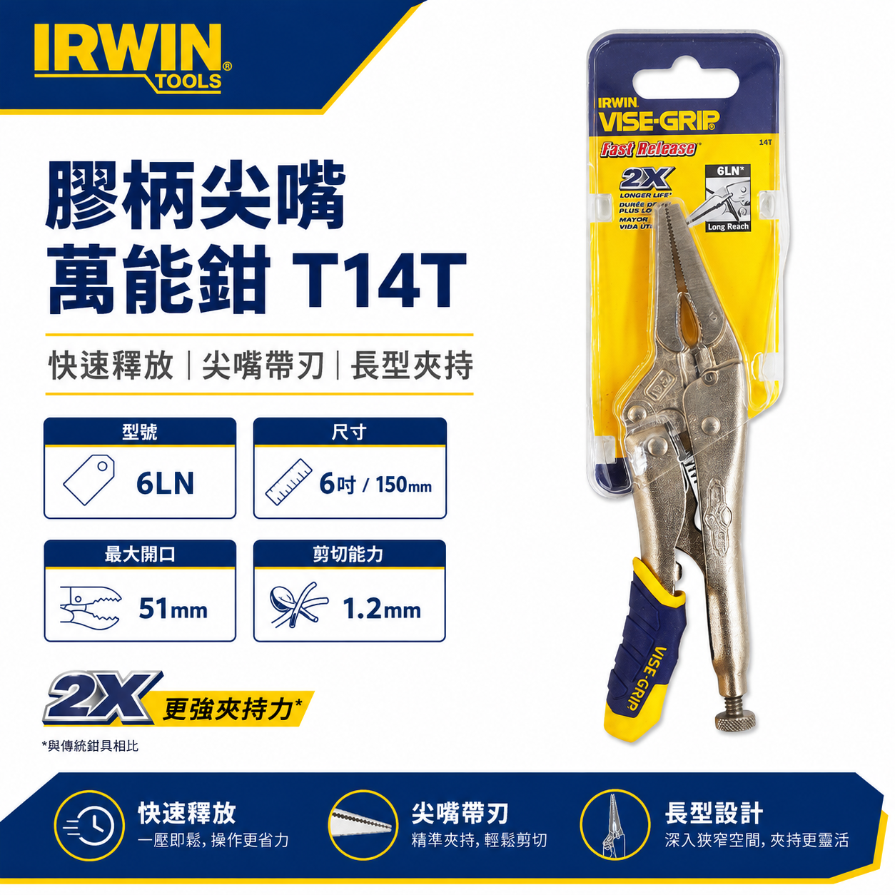 美國 IRWIN 握手牌｜6LN｜6" 人體工學握柄膠柄尖嘴萬能鉗 快速釋放尖嘴萬能鉗 尖口萬能鉗｜T14T