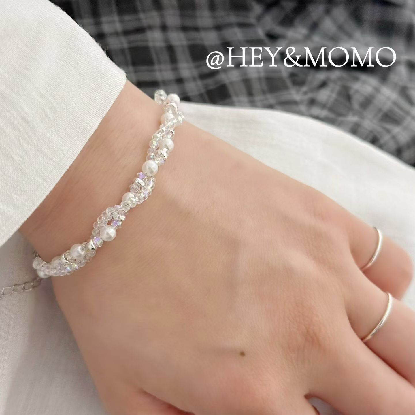 HM6213 ⚪️925 銀 炫彩晶石珍珠編織手鍊