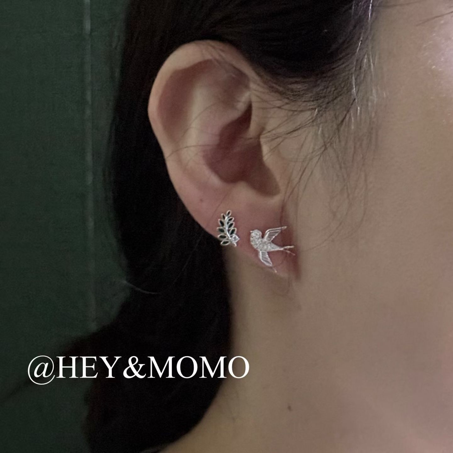 HM6215 ⚪️925 銀 AB款彩釉綠色樹葉錢鑽小燕子耳環