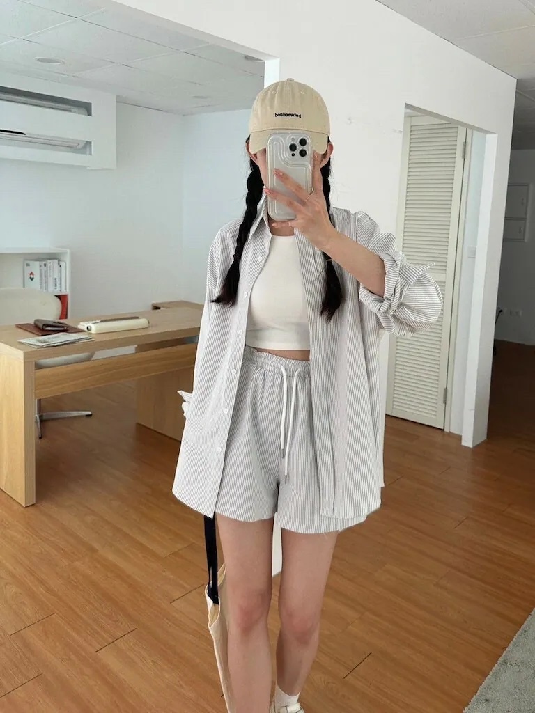 熱賣回歸！兩件多穿慢活感條紋襯衫＋短褲套裝