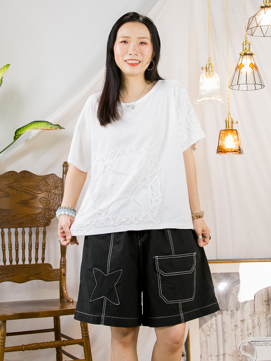 【29/5-31/5限時優惠】單邊手袖．前幅棉LACE．COTTON料TOP