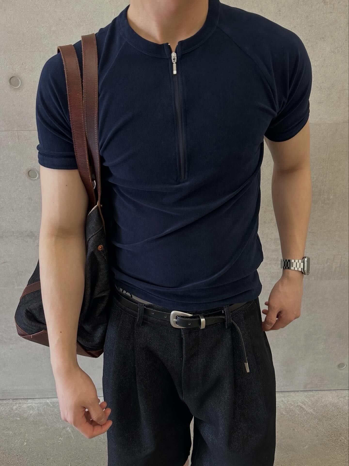 Velvet Zipper Henley Collar Muscle T-Shirt