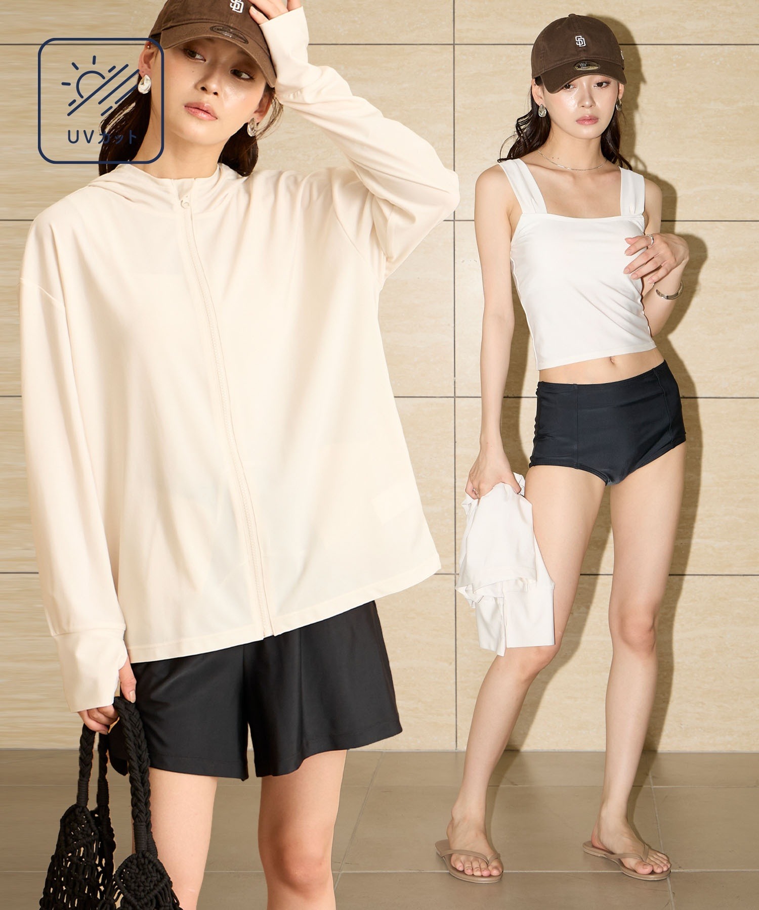 【Luxury】 MONO-MART＜抗UV＞精選花紋設計泳裝四件套（拉鍊連帽外套、泳裝上下身、短褲）