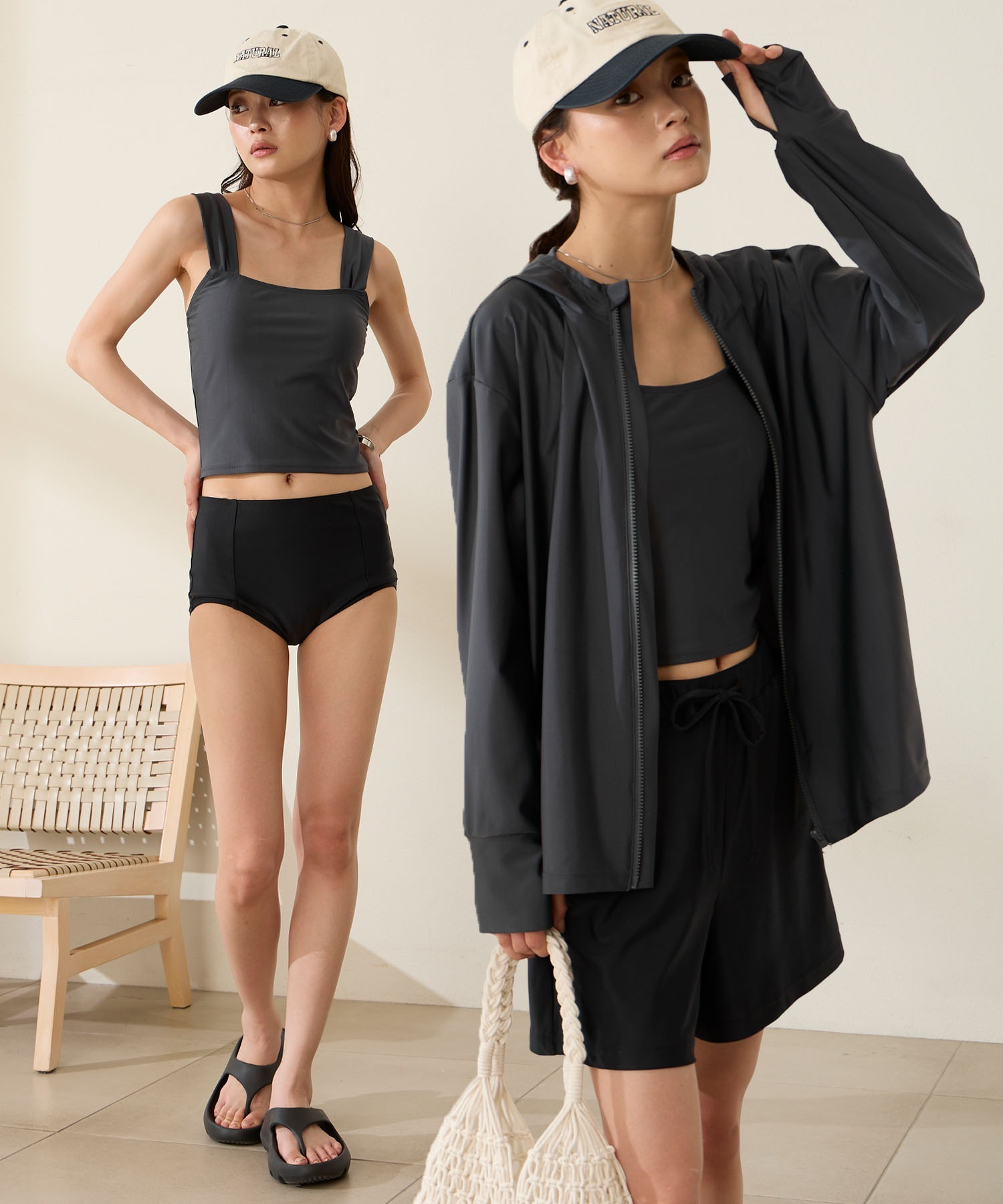 【Luxury】 MONO-MART＜抗UV＞精選花紋設計泳裝四件套（拉鍊連帽外套、泳裝上下身、短褲）
