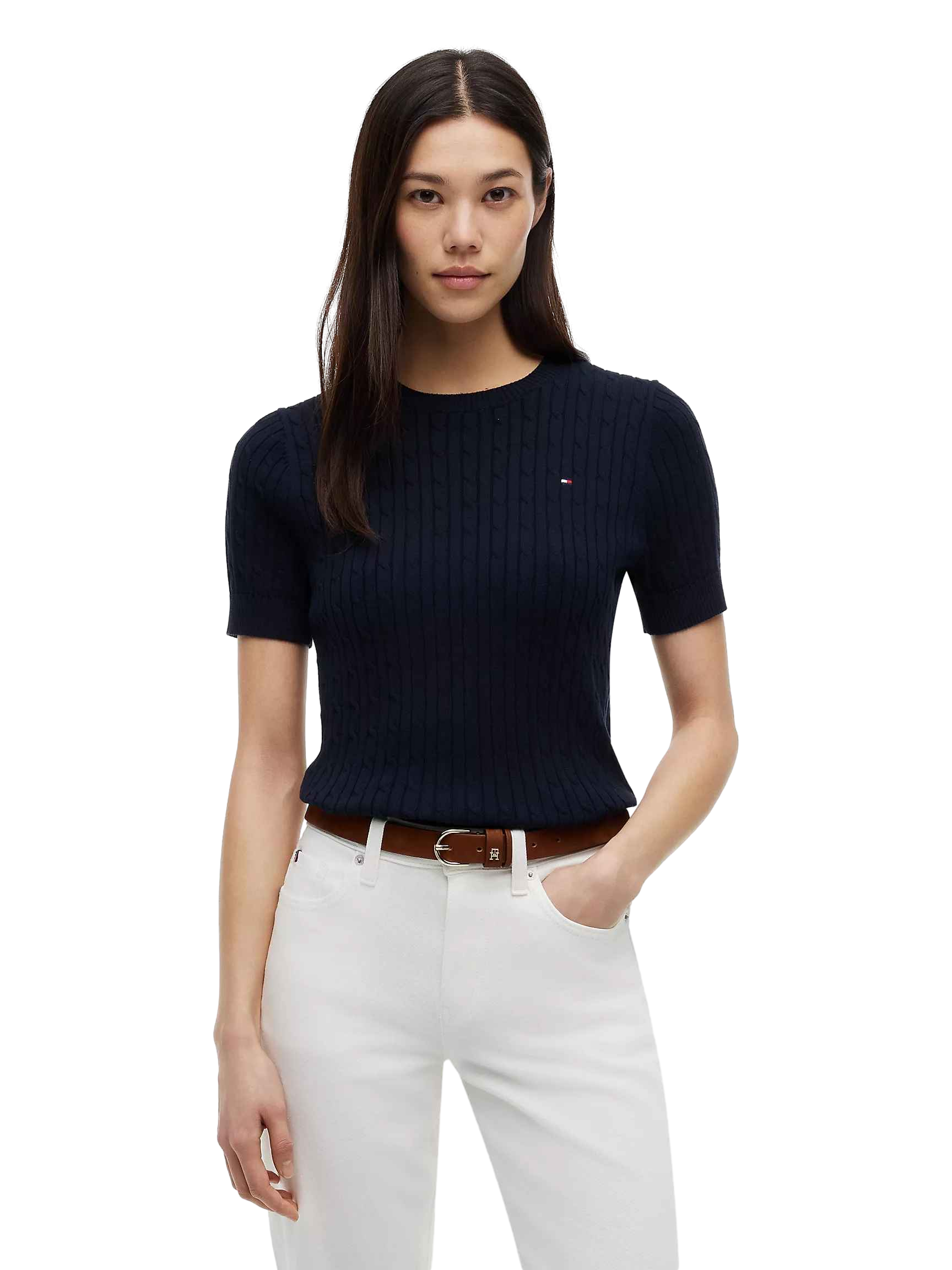 【Tommy Hilfiger USA】(DW5) Short-Sleeve Cable Knit Sweater XW07177 400 DW5  海軍藍