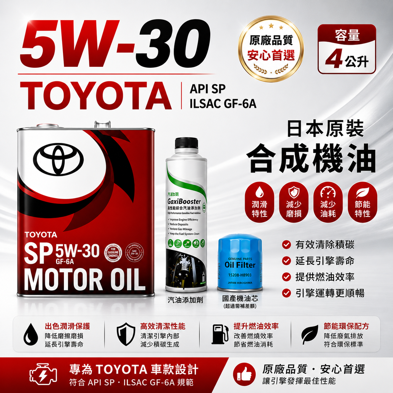 【安托華推薦】日本正品 🇯🇵 豐田引擎機油 SP 5W30 4公升+汽油添加劑+國產機油芯 套餐組