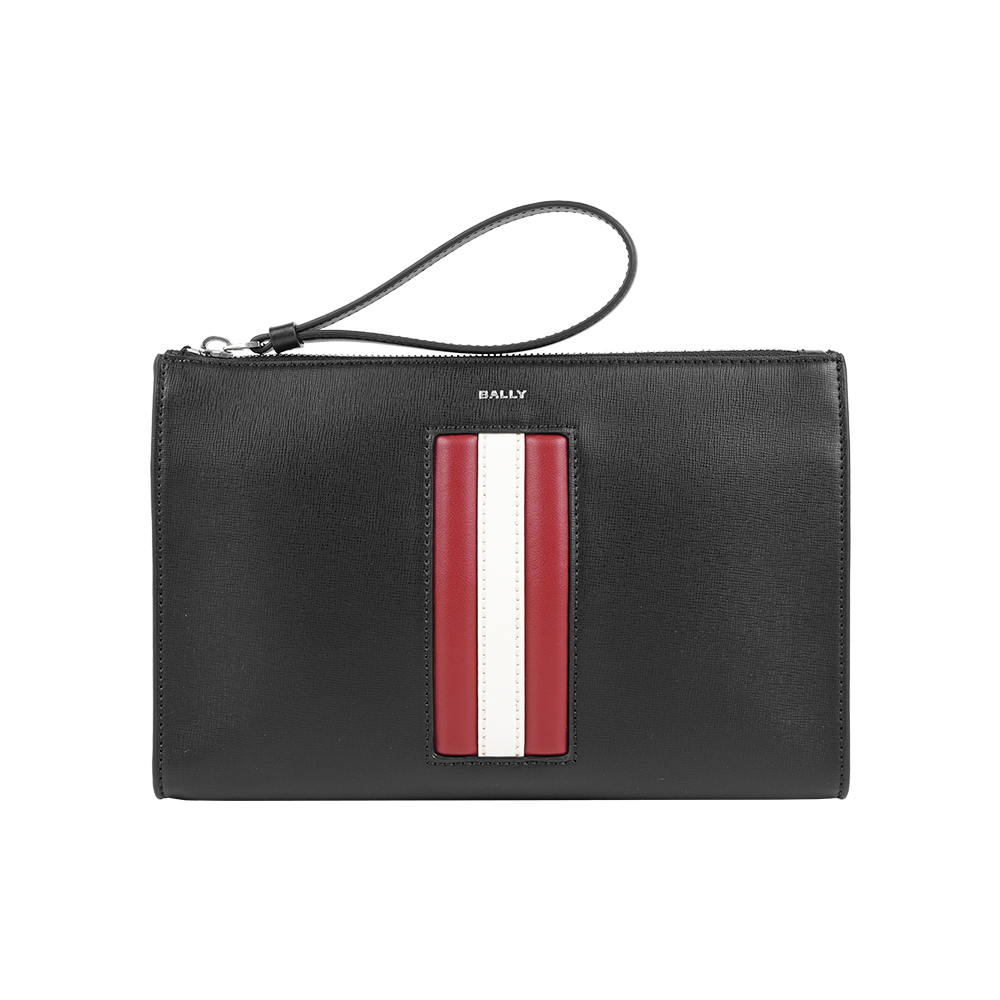 【Bally】Mythos 紅白條紋再生厚款手拿包(黑色)