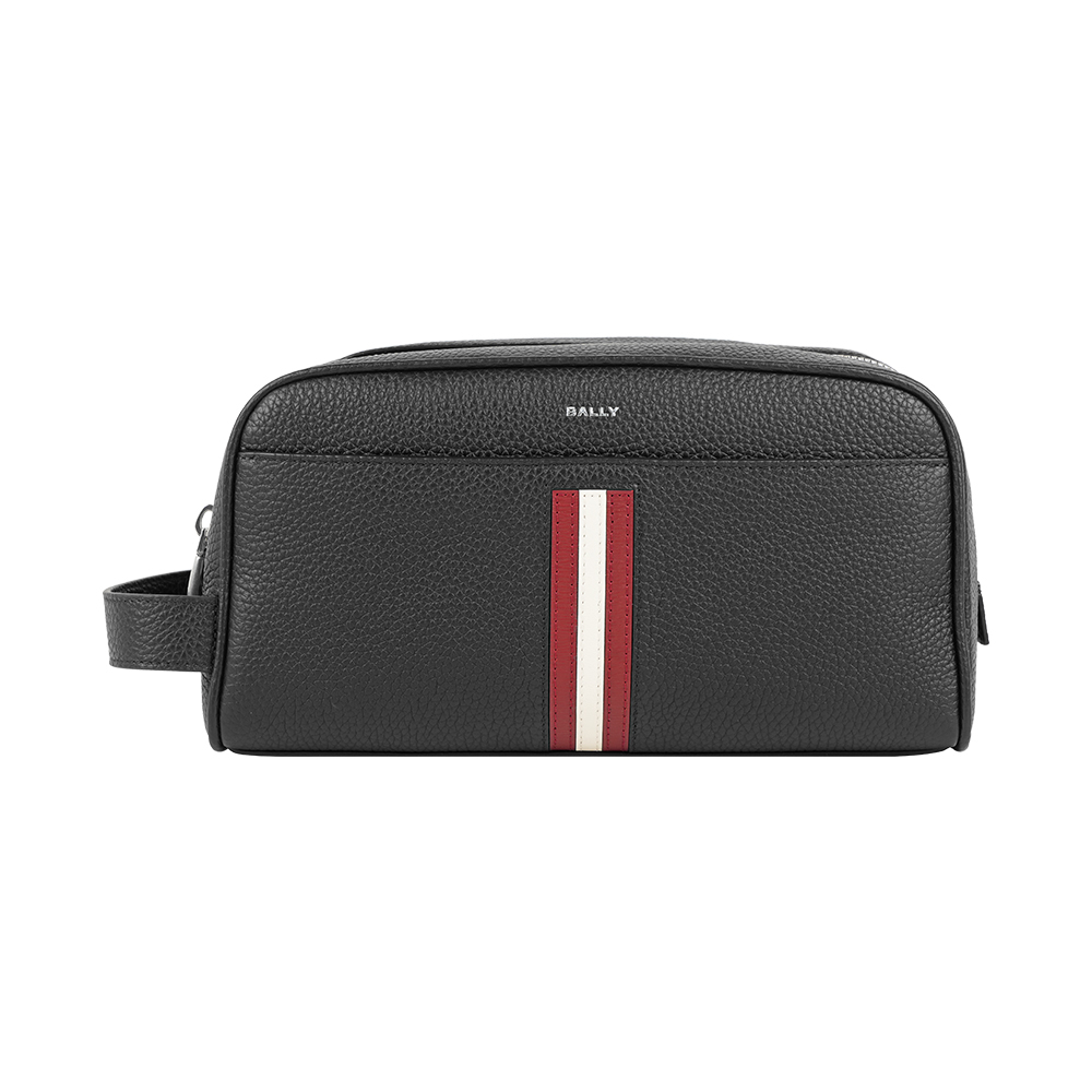 【Bally】Ribbon 紅白條紋牛皮手拿包/萬用包/盥洗包(黑色)