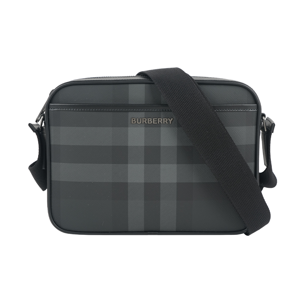 【Burberry】Muswell 格紋帆布及牛皮拉鍊斜背包(炭灰色)