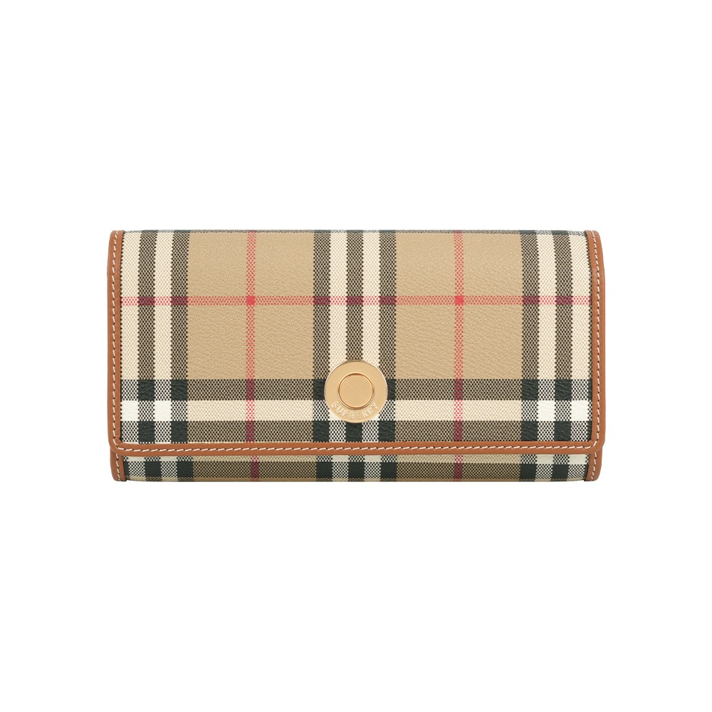 【Burberry】經典格紋及小牛皮翻蓋長夾(經典米色/石楠木棕)