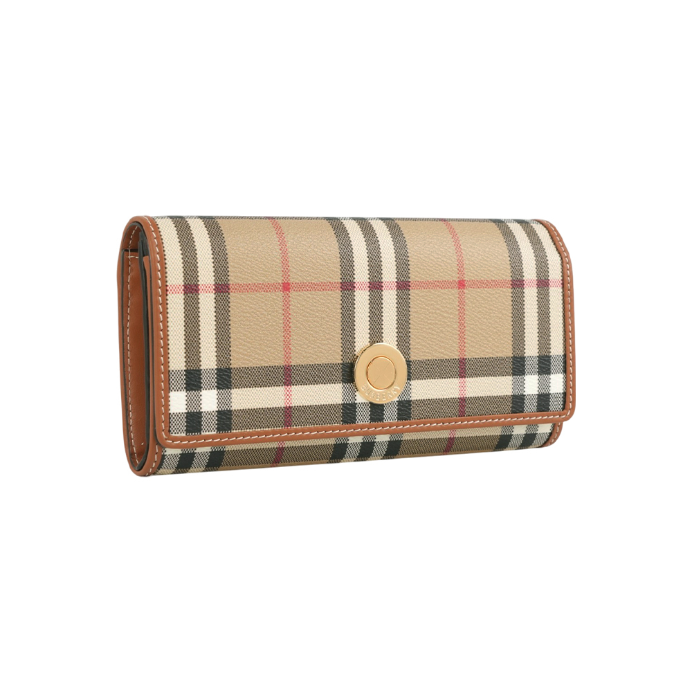 【Burberry】經典格紋及小牛皮翻蓋長夾(經典米色/石楠木棕)