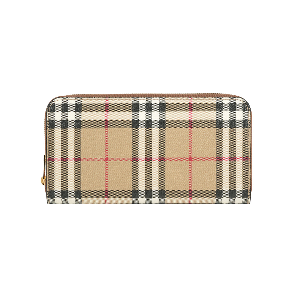 【Burberry】Vintage 格紋皮革ㄇ形拉鍊皮夾(米色/石楠木棕色)