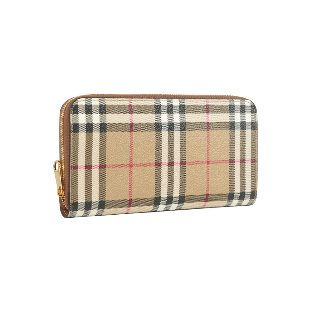【Burberry】Vintage 格紋皮革ㄇ形拉鍊皮夾(米色/石楠木棕色)