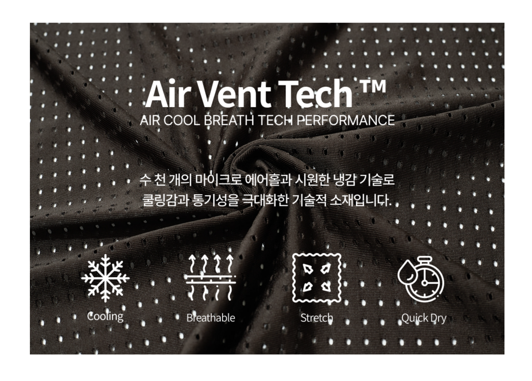 Air-Vent Tech 專利機能打孔布料特寫與核心優勢說明