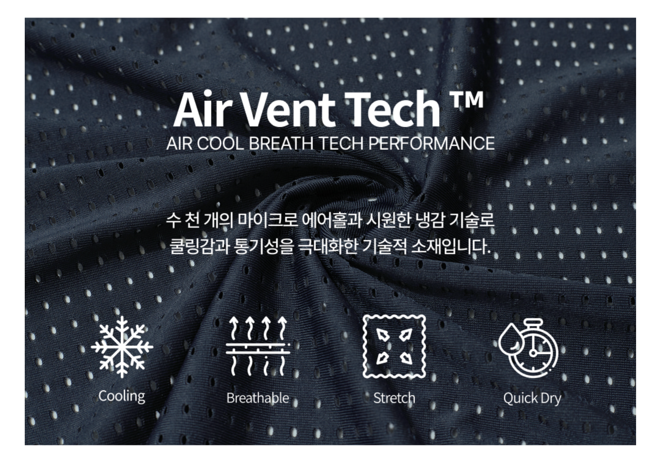 Air-Vent Tech 專利機能打孔布料特寫與核心優勢說明