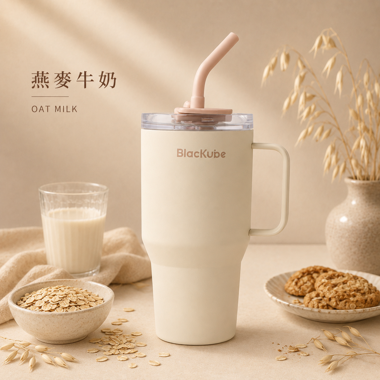 BLACKUBE 陶瓷雙飲吸管杯 Tumbler 600ml - 燕麥牛奶 (Tritan吸管)