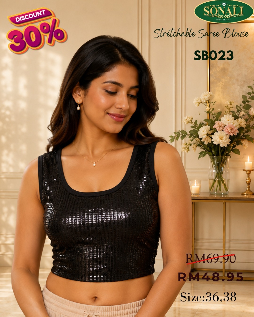 Women’s Stretchable Sequin Saree Blouse – Sleeveless Party & Festive Blouses (Color & Style refer Images)