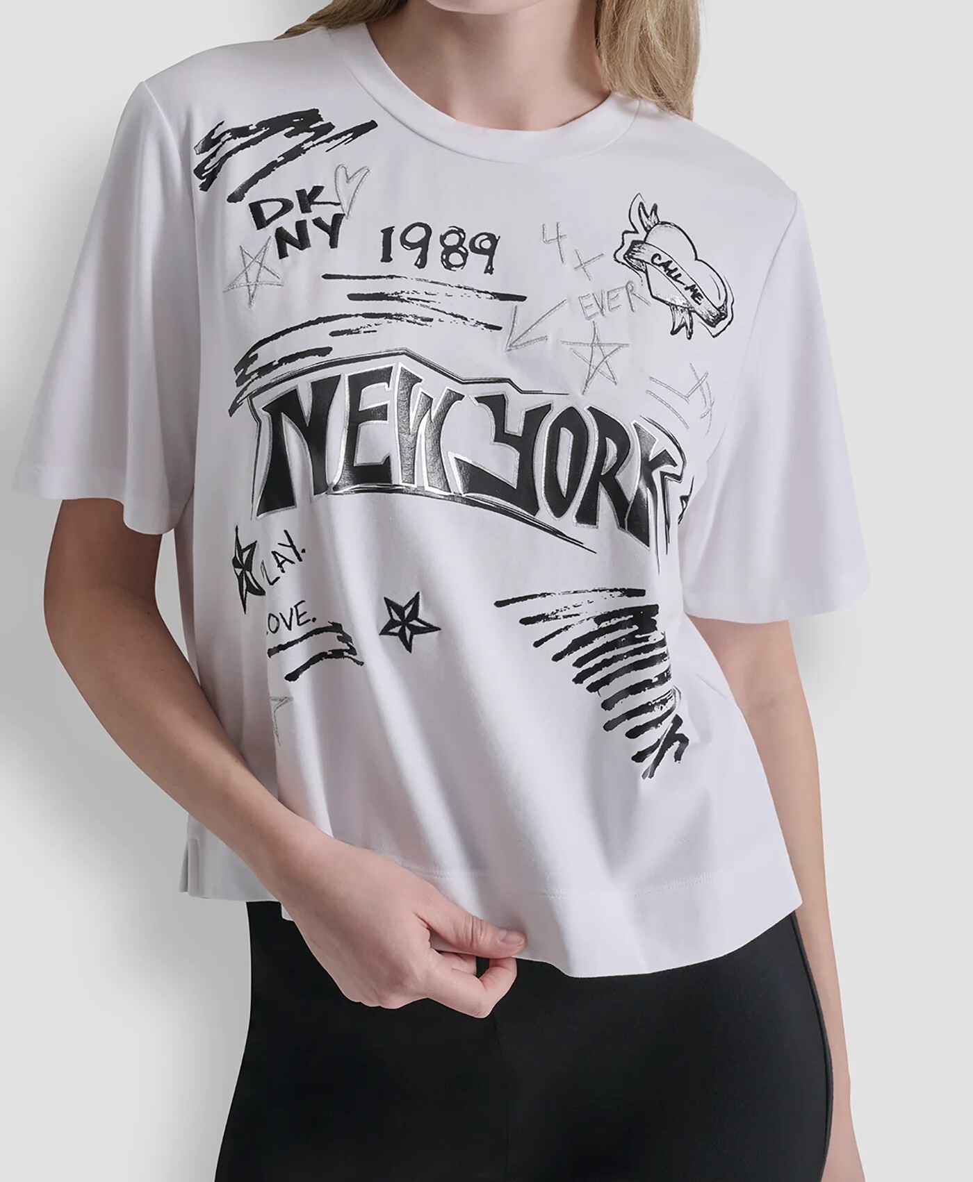 [S] DKNY WHITE 1989 NOTEBOOK SCRIBBLE GRAPHIC TEE, P61HZXTG-WHT (SD1858)