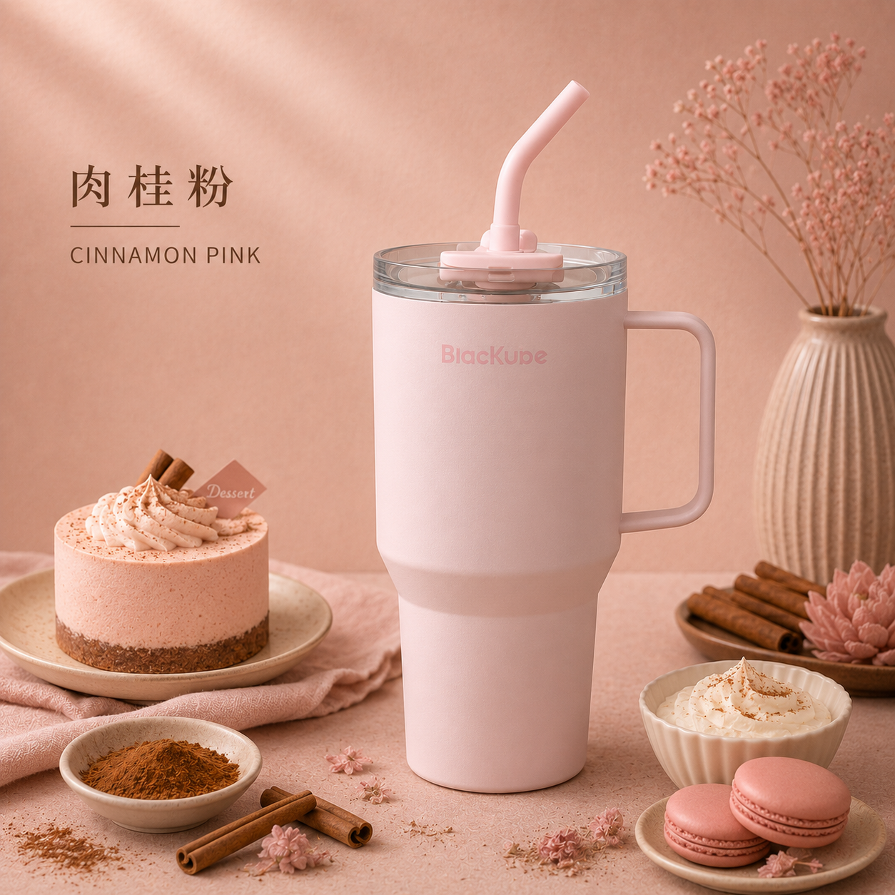 BLACKUBE 陶瓷雙飲吸管杯 Tumbler 800ml - 肉桂粉 (不鏽鋼吸管)