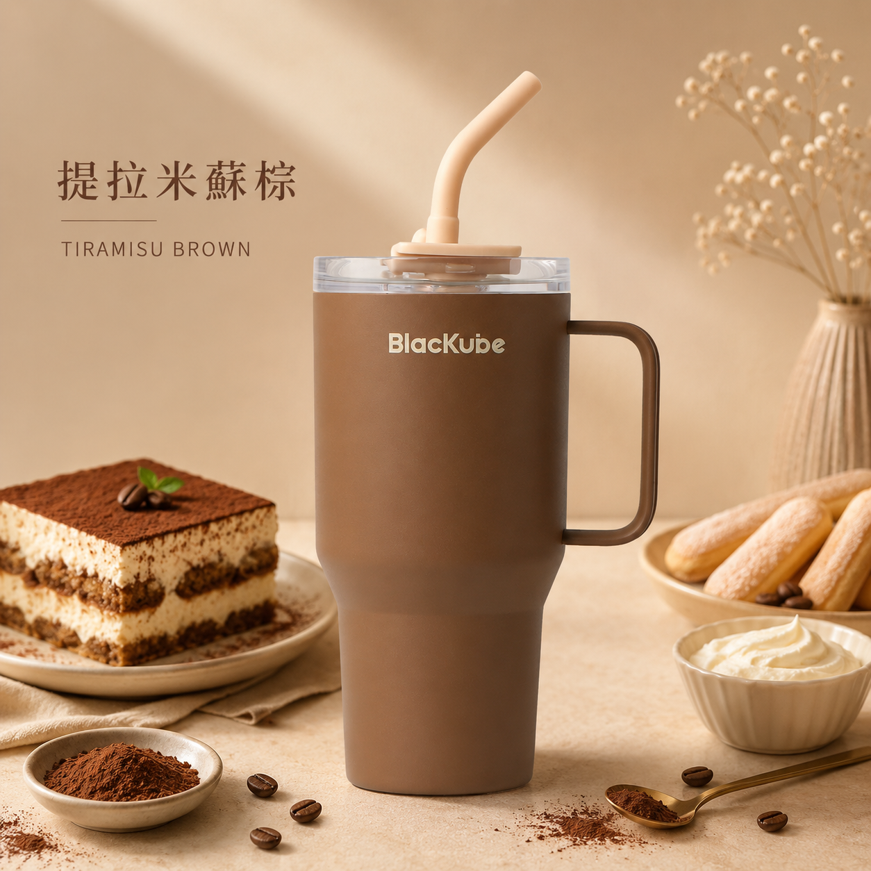 BLACKUBE 陶瓷雙飲吸管杯 Tumbler 800ml - 提拉米蘇棕 (Tritan吸管)