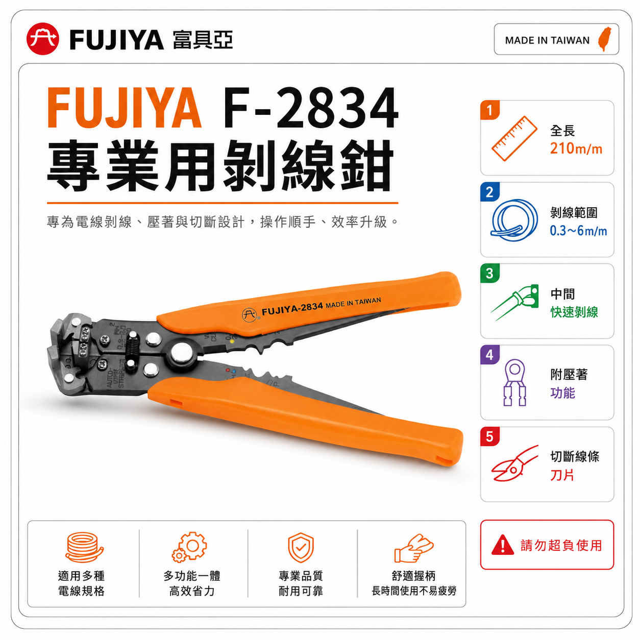 FUJIYA 富具亞 台灣製｜8'' 專業用剝線鉗 電線鉗 中間快速剝線鉗 壓著功能 切斷線鉗｜F-2834