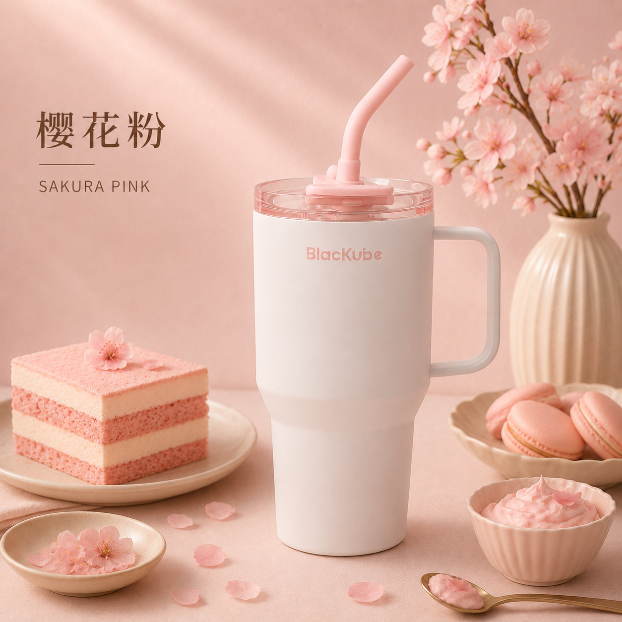 BLACKUBE 陶瓷雙飲吸管杯 Tumbler 800ml - 櫻花粉 (Tritan吸管)