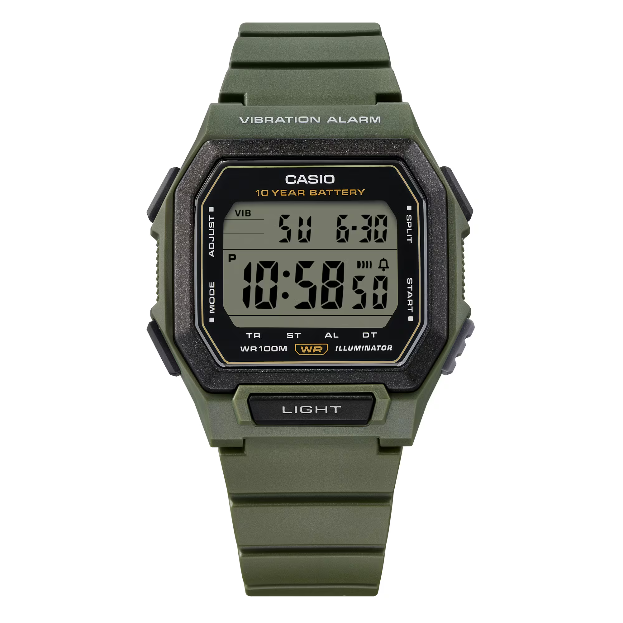 萬年鐘錶 - CASIO 卡西歐 軍綠-大視窗震動鬧鈴運動電子錶  W-738H-3A 錶徑 : 42.8 MM