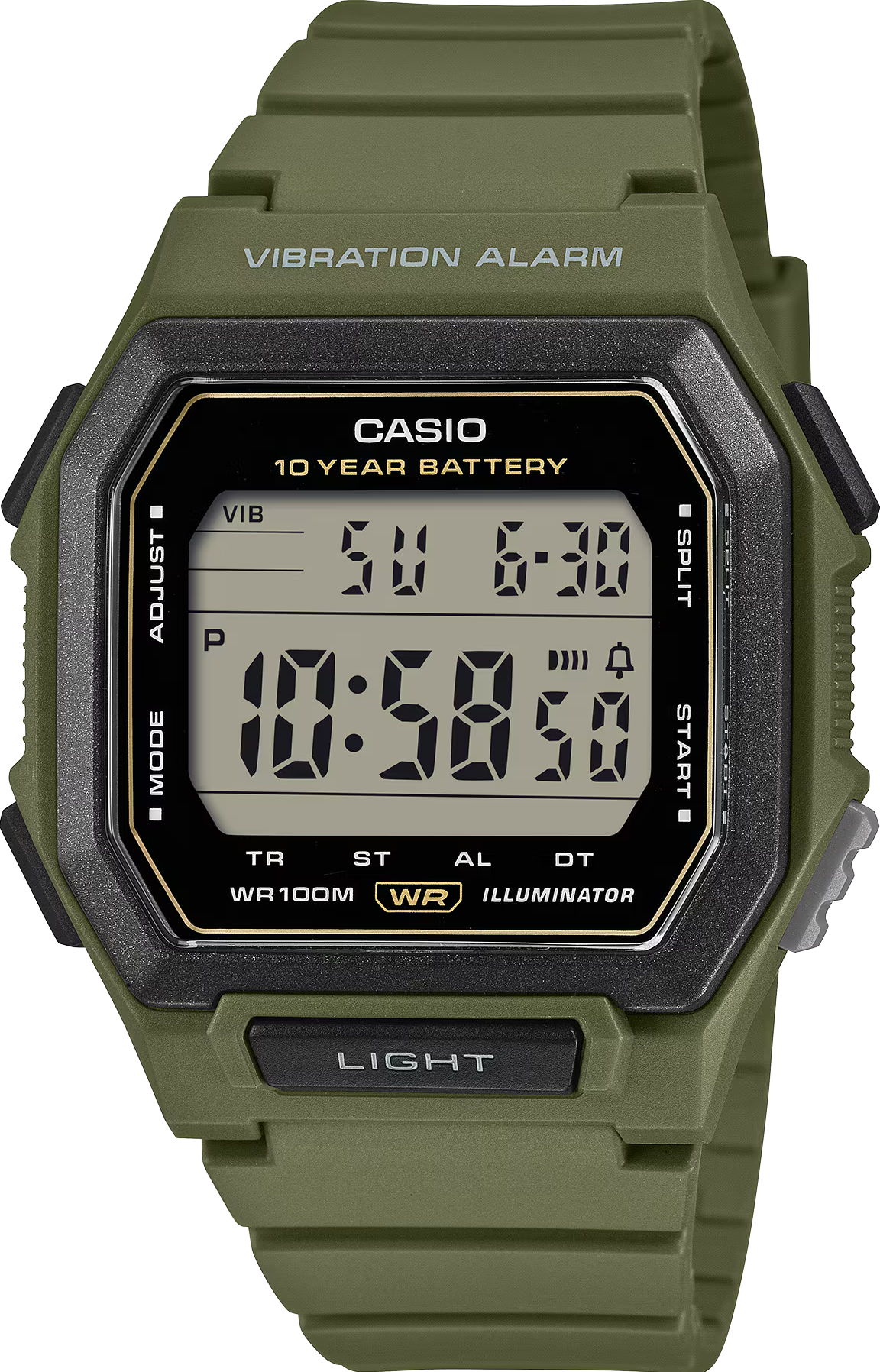 萬年鐘錶 - CASIO 卡西歐 軍綠-大視窗震動鬧鈴運動電子錶  W-738H-3A 錶徑 : 42.8 MM
