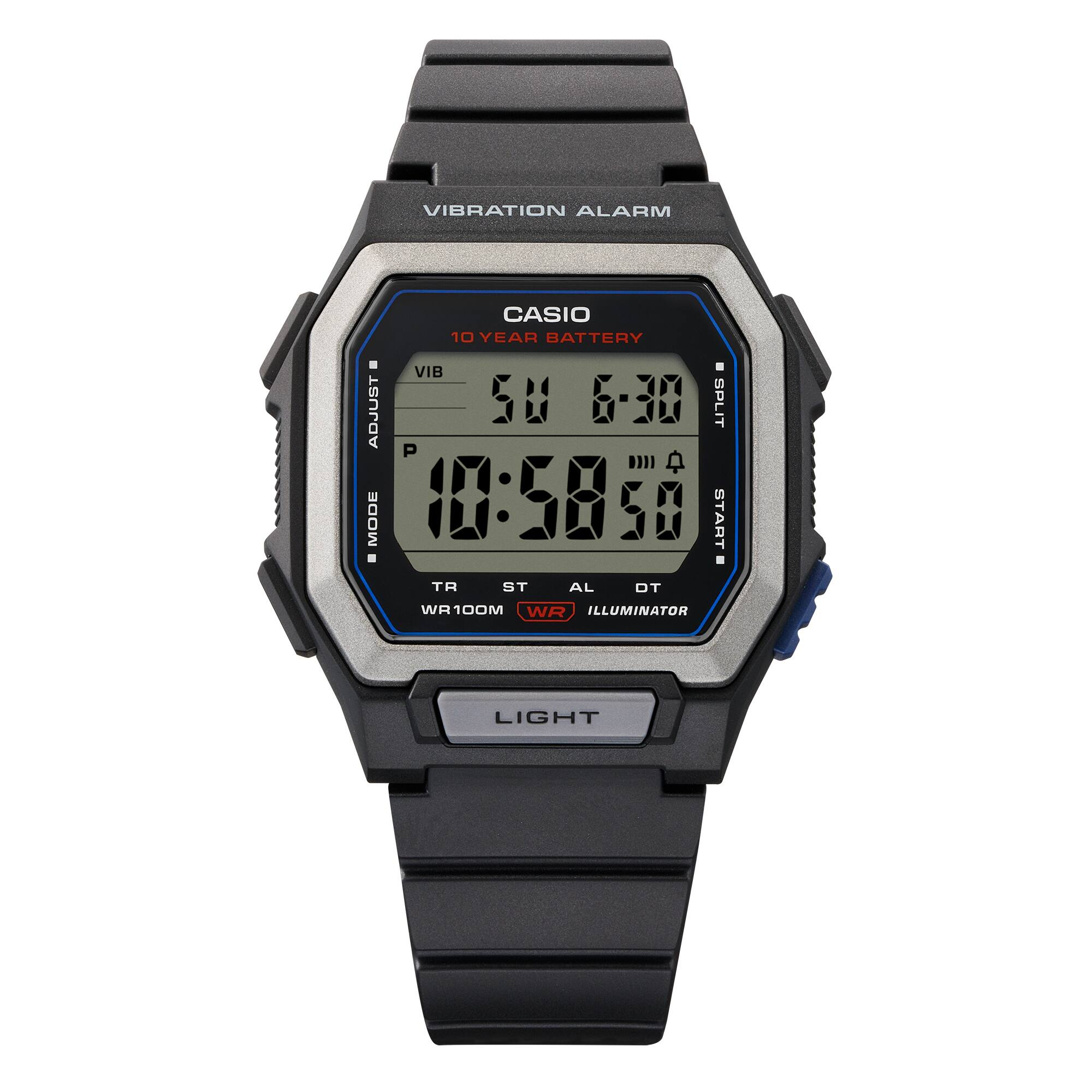 萬年鐘錶 - CASIO 卡西歐 黑-大視窗震動鬧鈴運動電子錶  W-738H-1A  錶徑 : 42.8 MM