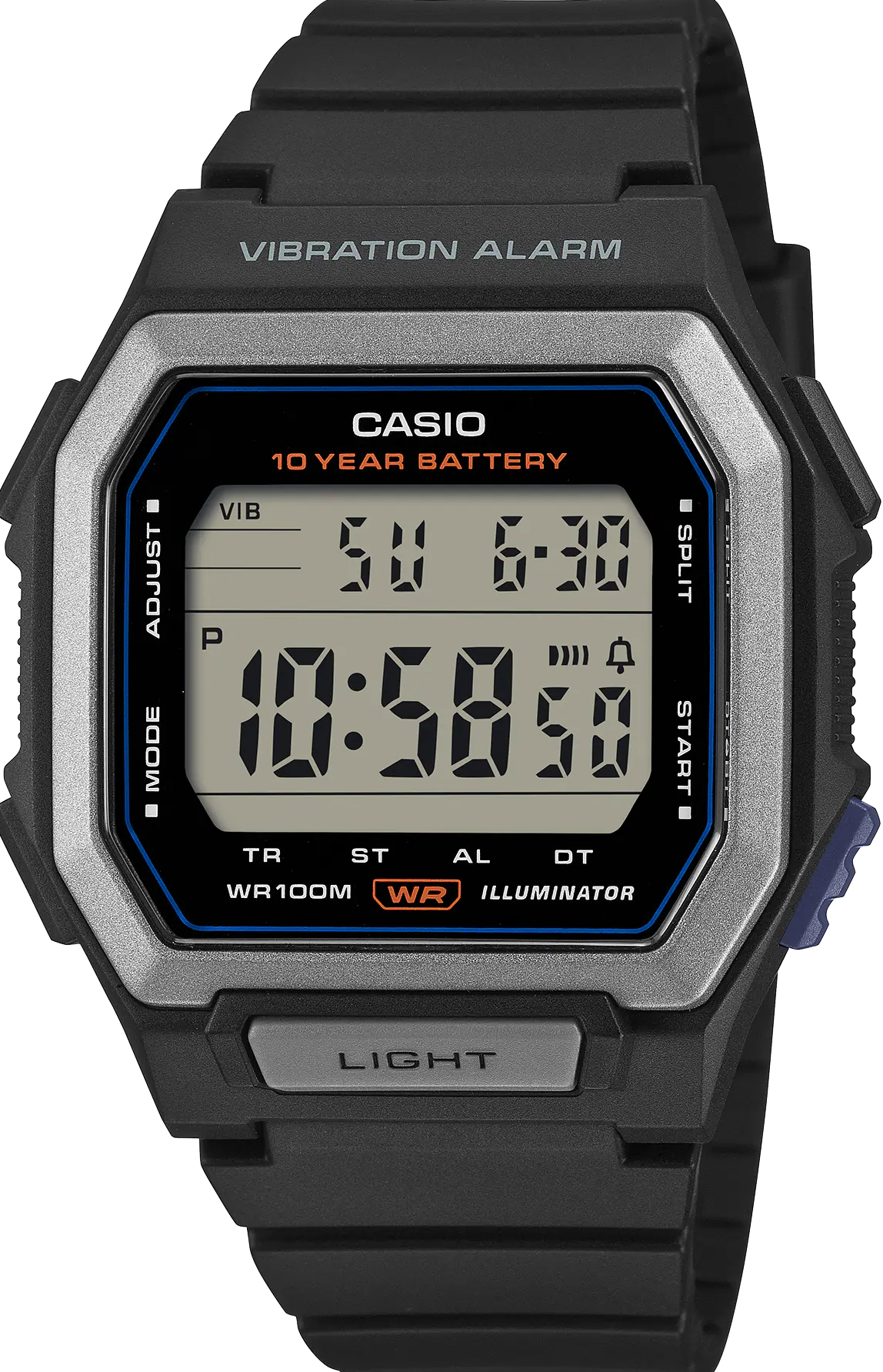萬年鐘錶 - CASIO 卡西歐 黑-大視窗震動鬧鈴運動電子錶  W-738H-1A  錶徑 : 42.8 MM