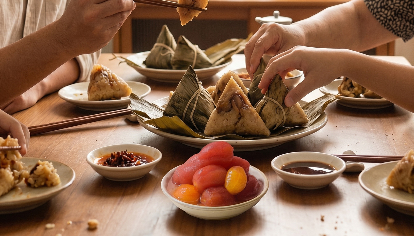 端午節餐桌,擺放一盤協發行泡菜番茄梅梅作為飯後吃粽子解膩聖品