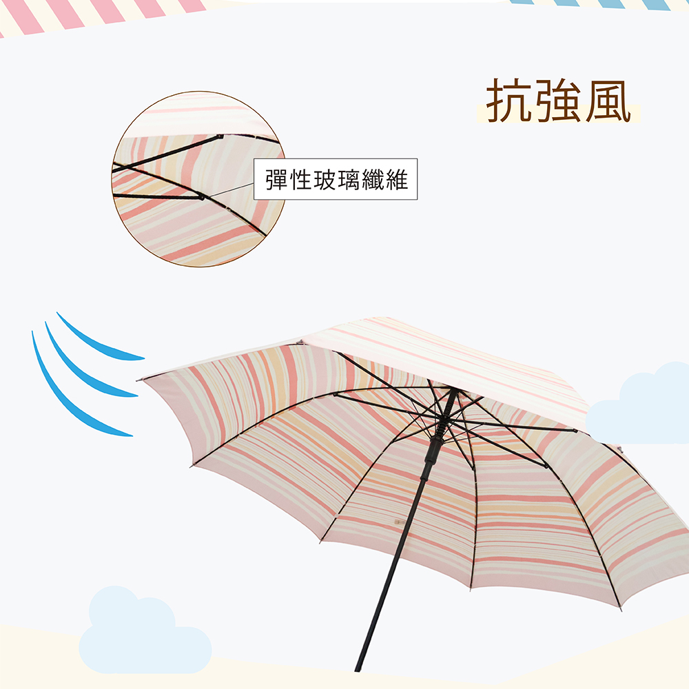 傘骨彈性玻璃纖維抗強風，外出面對風吹，彈性玻璃纖維傘骨兼具韌性與抗衝擊，抗強風、耐用不易變形。Elastic fiberglass resists strong winds