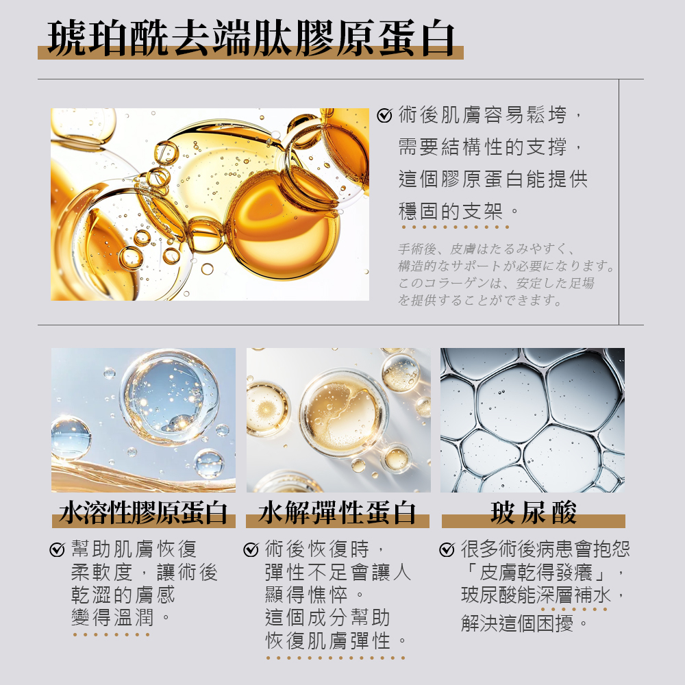 添加琥珀醯去端肽膠原蛋白,為鬆弛的肌膚結構提供穩固支架與結構性支撐。搭配水溶性膠原蛋白提升柔軟度、水解彈性蛋白恢復彈性,以及玻尿酸深層補水,一舉解決乾得發癢的困擾,讓原本乾澀的膚感重新變得溫潤有光澤。