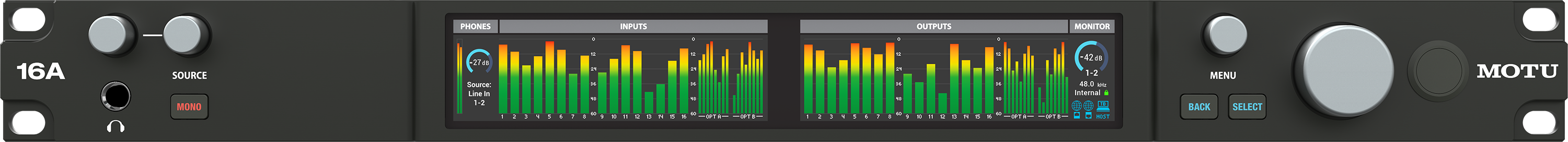 Motu 16A 32x34 I/O with 16x16 TRS analog, 64-ch mixing, DSP & AVB-TSN networking