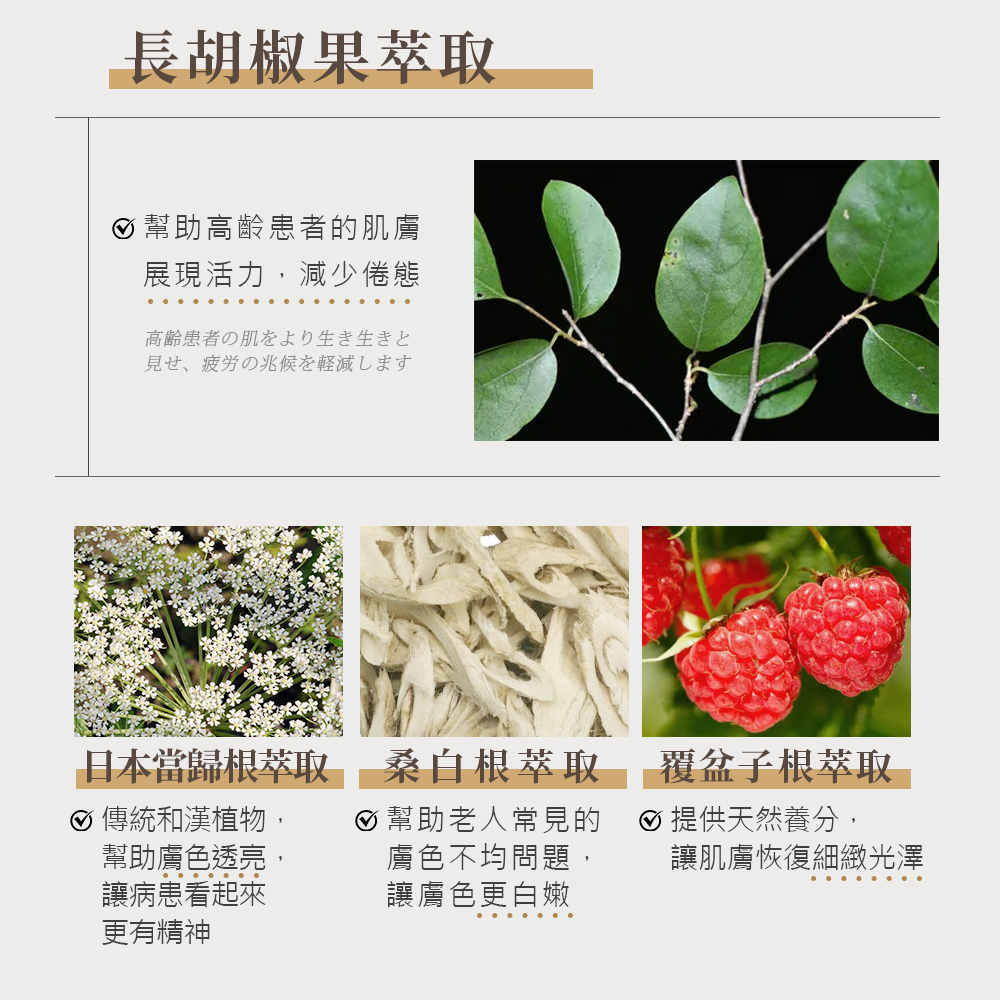 精選漢方與植萃成分。長胡椒果萃取能活化肌膚、減少倦態；日本當歸根萃取幫助膚色透亮、展現朝氣；桑白根萃取調理膚色不均、加強白嫩；覆盆子根萃取則提供天然養分，恢復細緻光澤，全方位提升肌膚防禦力。