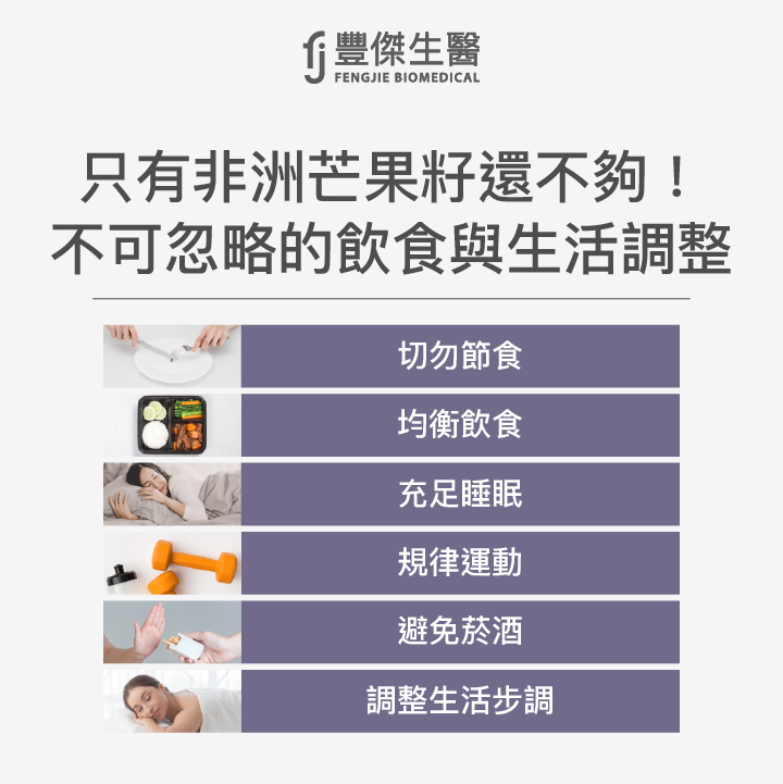 吃非洲芒果籽的同時，也要注意切勿節食、均衡飲食、充足睡眠、規律運動、避免菸酒及適當紓壓