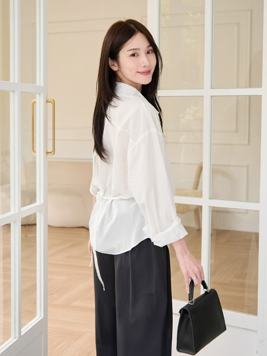 OH!HER 純棉小V綁帶抓皺襯衫