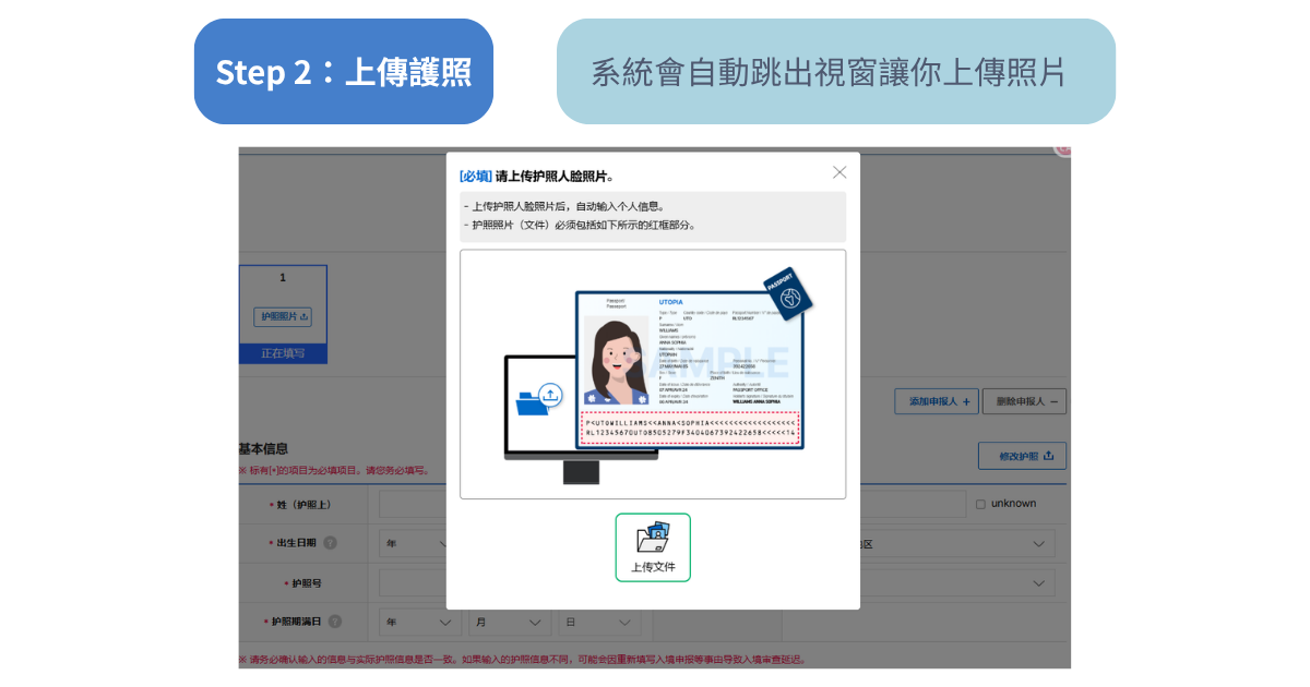 韓國電子入境卡上傳護照照片教學，系統會自動辨識護照資料並帶入姓名與護照號碼。
