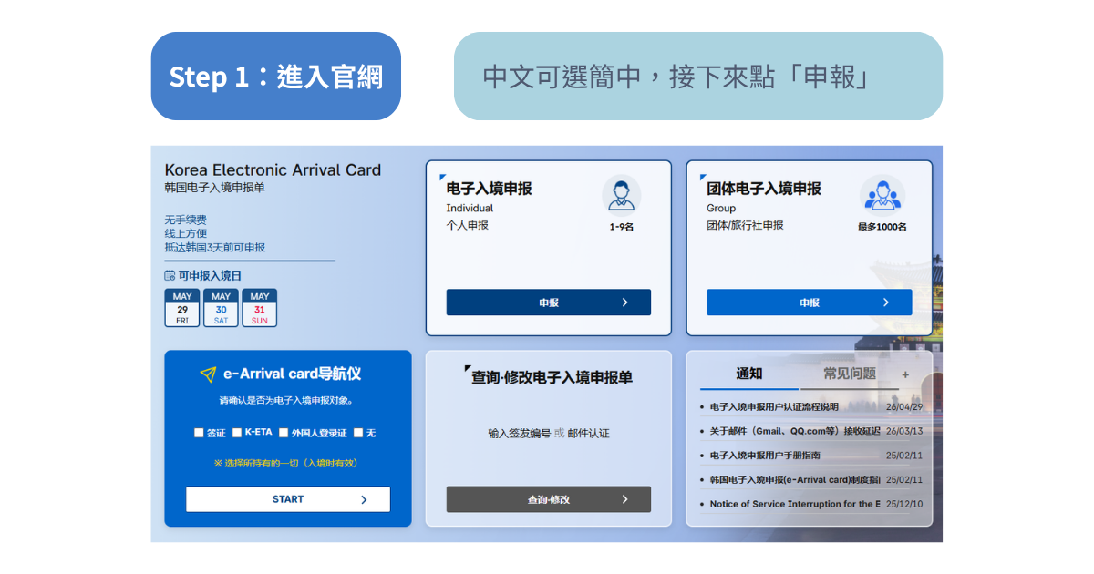 韓國電子入境卡e-Arrival Card申請教學，進入韓國電子入境卡官網後選擇個人申報開始填寫。