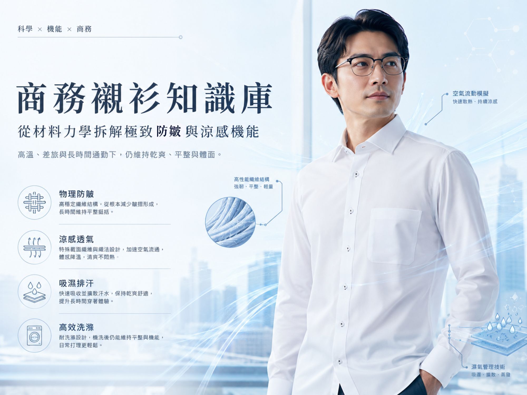 衣十五白色商務襯衫推薦，具備防皺、涼感、吸濕排汗機能，適合台灣夏季職場男性穿搭。