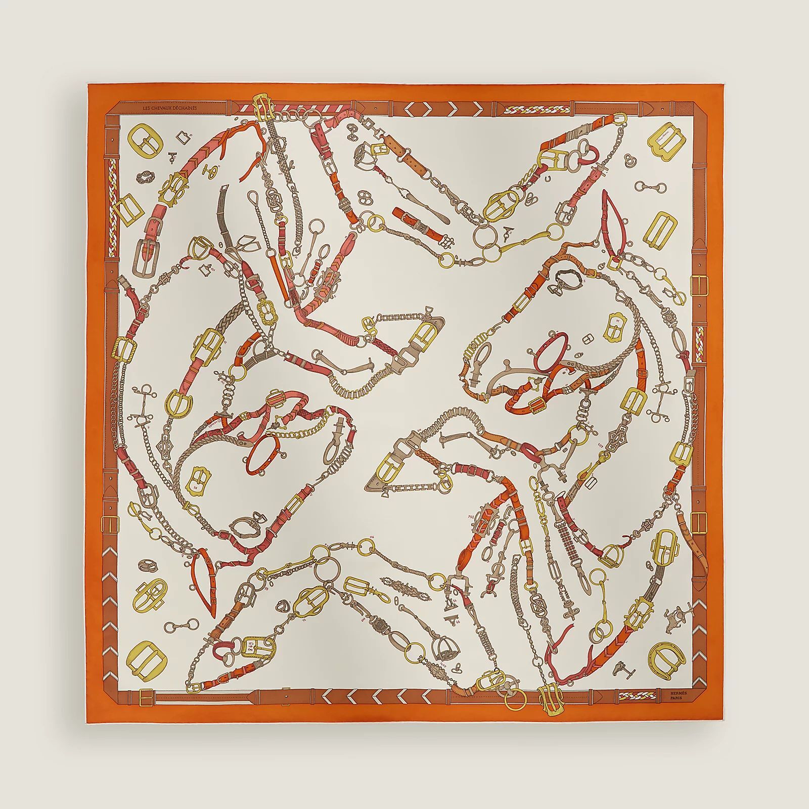 Les Chevaux Dechaines scarf 90 100%soie Crème / Orange Cuit / Brun
