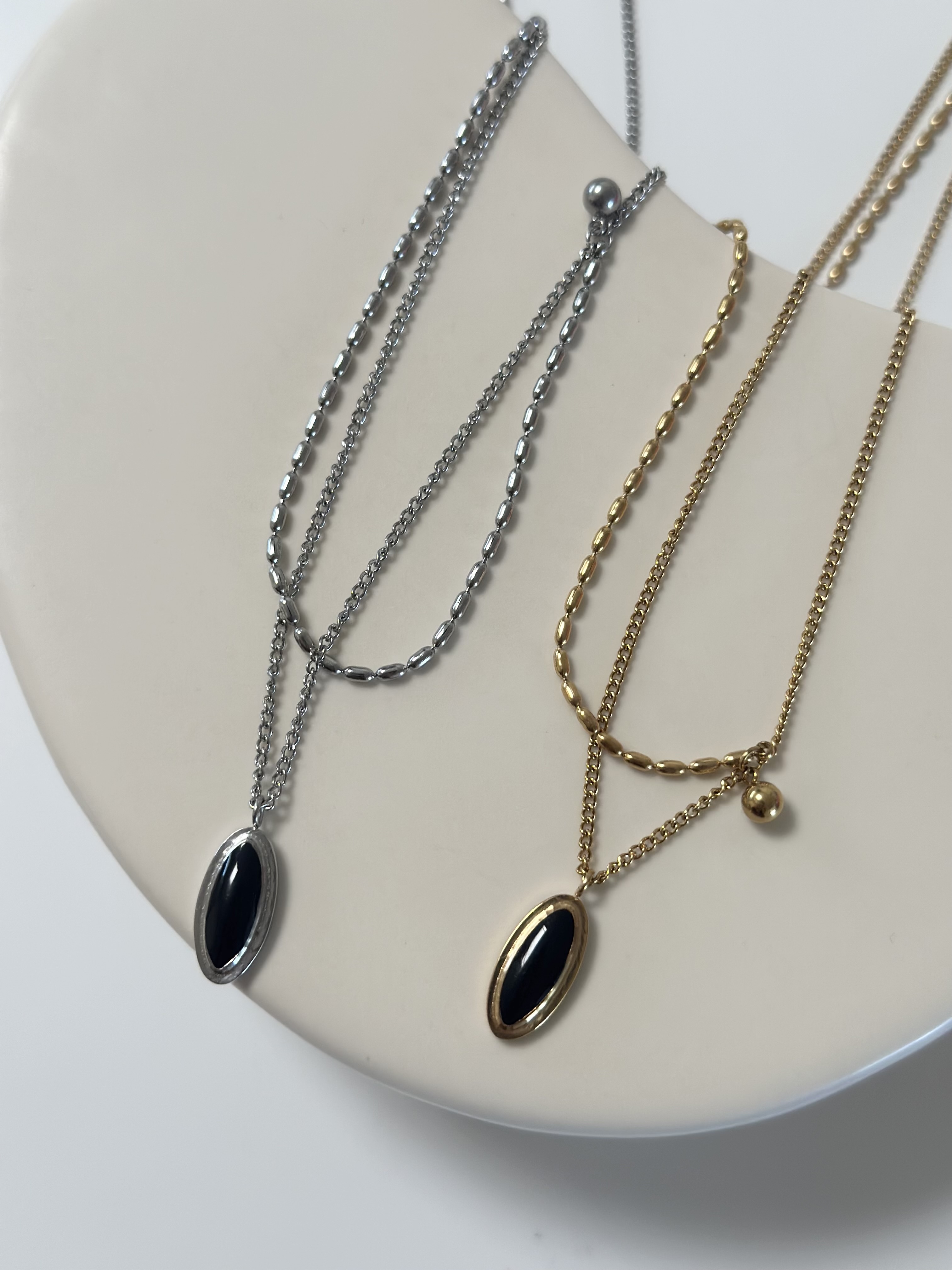SS oval stone layered necklace