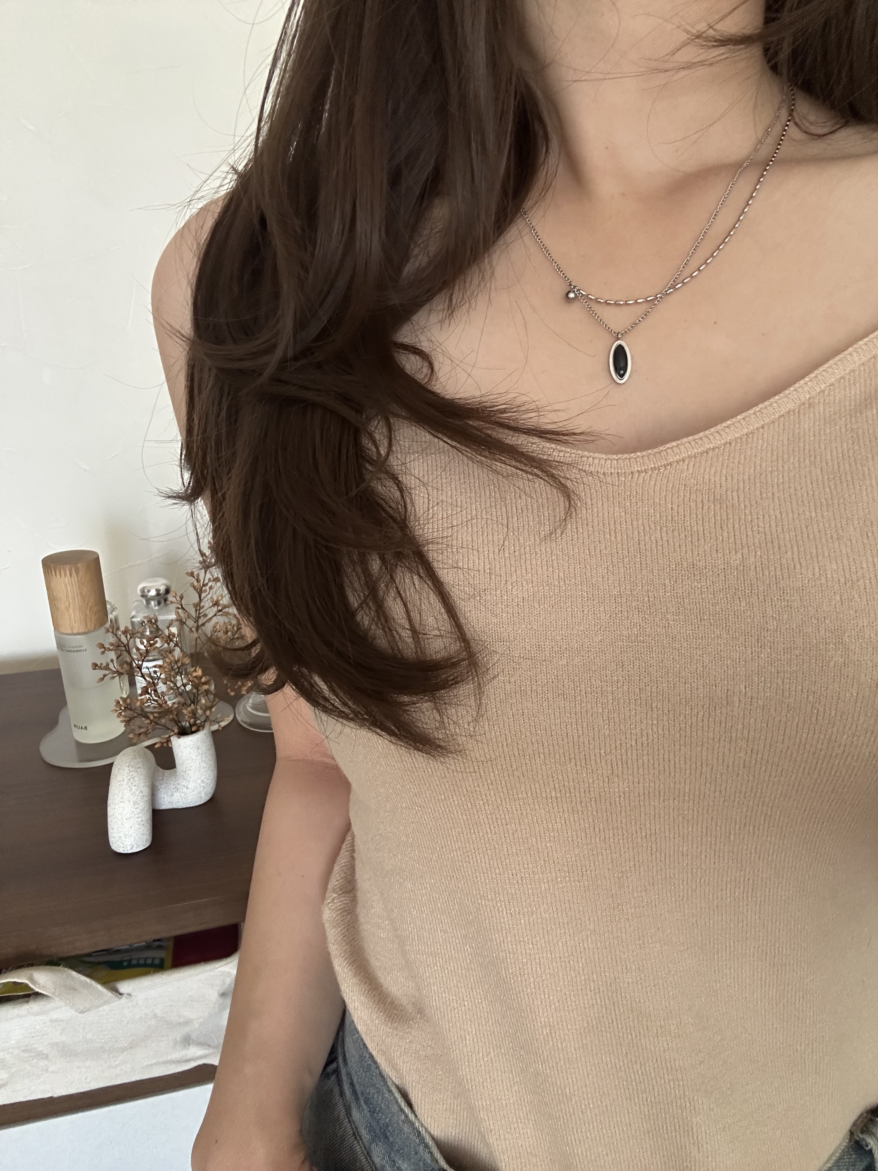 SS oval stone layered necklace