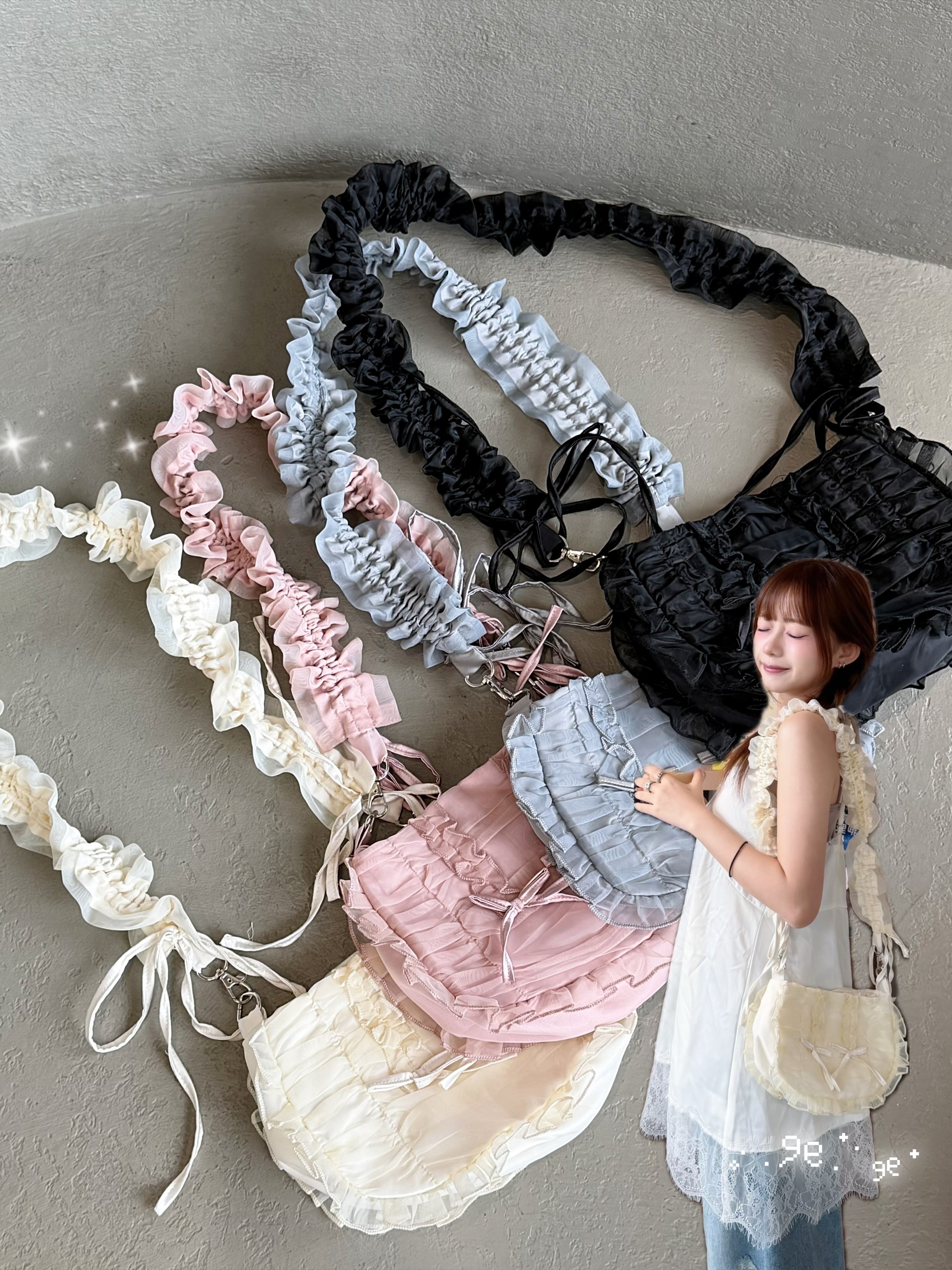 NEW!! 芭蕾抓褶網紗Ribbon Bag 四色入