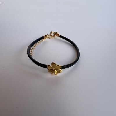 1TA0530-133 [THALLO] 伊娃三葉草手鍊，皮革材質，24K鍍金純銀黑色 #s208b (EU)