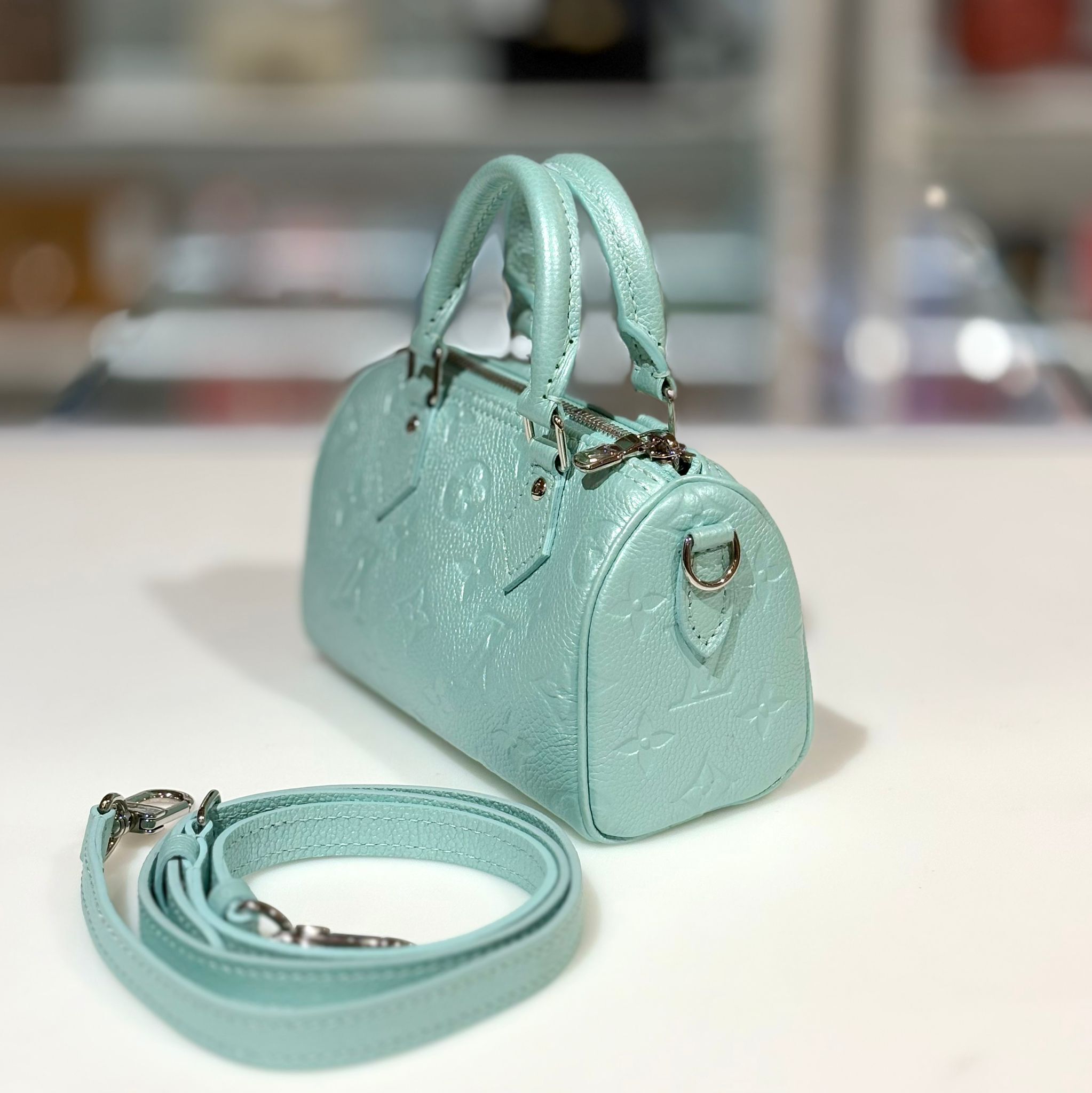 全新LV Speedy Nano , M82342, 薄荷綠壓花牛皮Monogram, Empreinte ,#BRAND NEW #香榭站正品