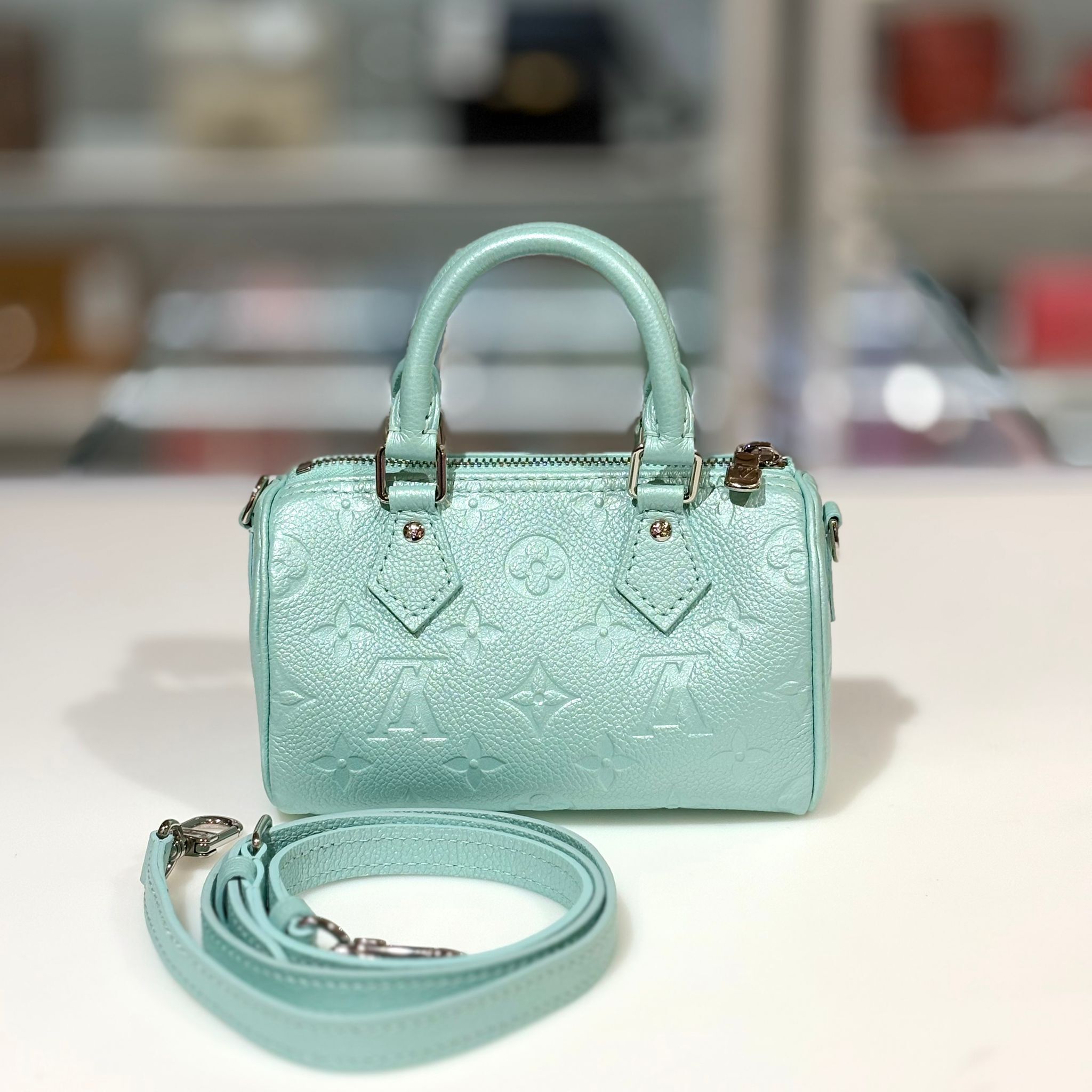 全新LV Speedy Nano , M82342, 薄荷綠壓花牛皮Monogram, Empreinte ,#BRAND NEW #香榭站正品