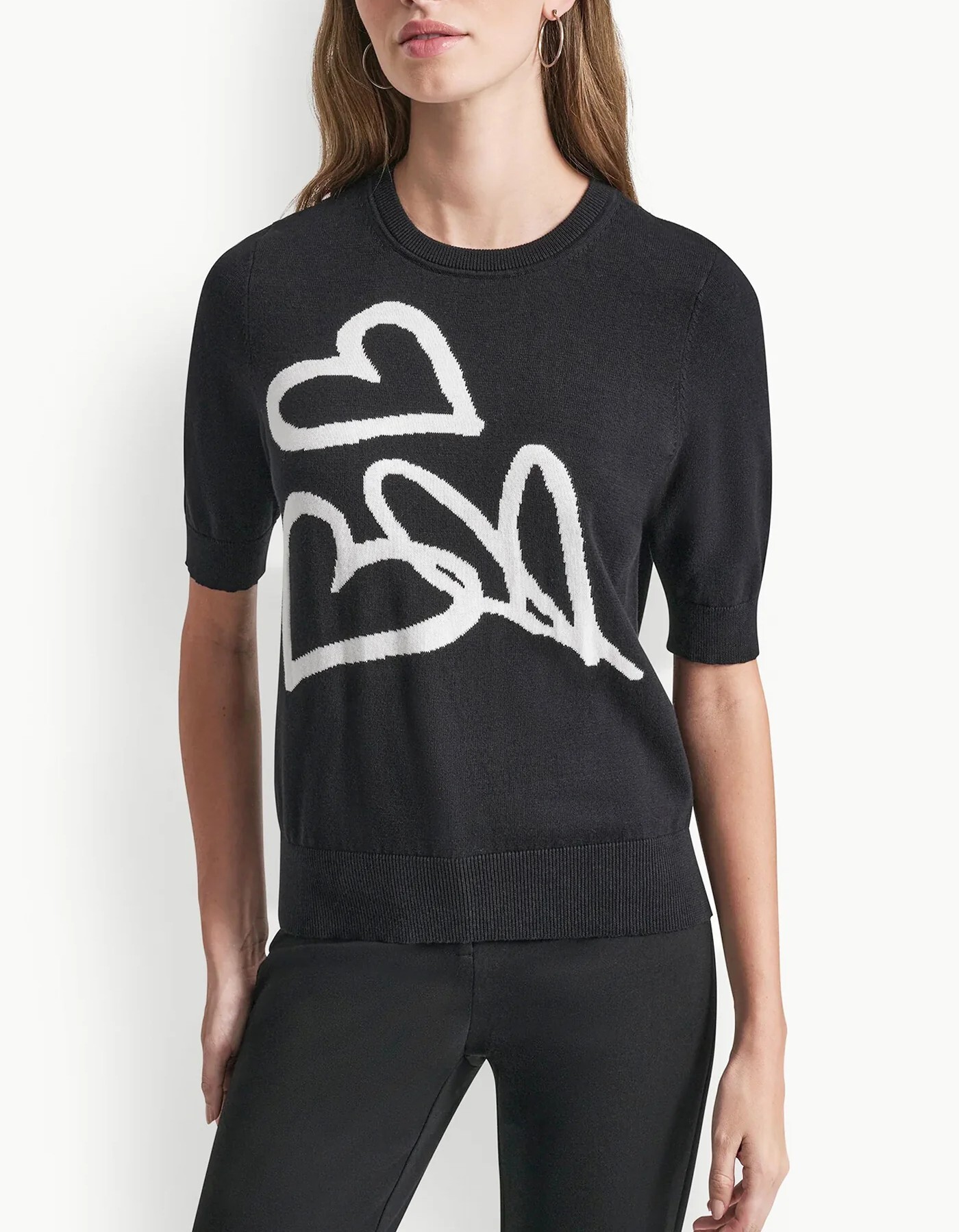 [S] DKNY BLACK/IVORY SHORT SLEEVE GRAFFITI HEART SWEATER, P6ASCB97-BLI (SD1876)