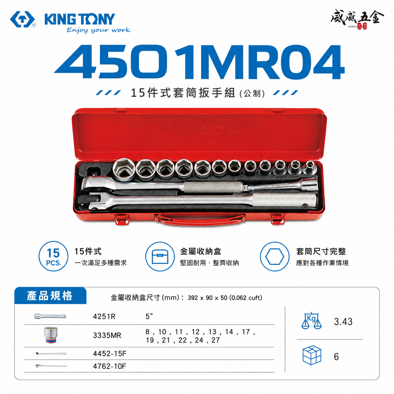 KING TONY 金統立｜8-27mm 四分 4分 1/2" 六角套筒組 15件式 棘輪板手｜4501MR04